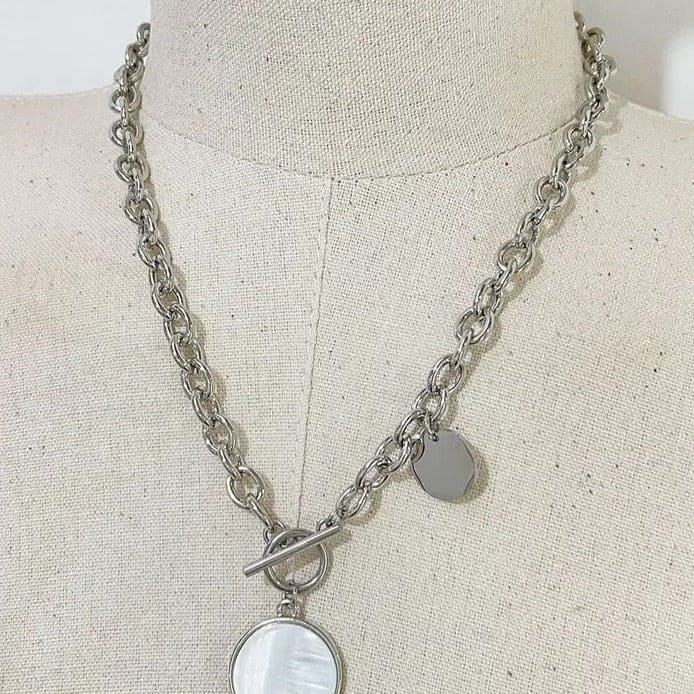 Vintage Cuban Coin Pendant, Hip Hop Stainless Steel Silver Color Lariat Necklace, Metal Toggle Clasp Chain Necklace, Chunky Chain OT Clasp Necklace, Men Women Coin Chain Necklace Pendant