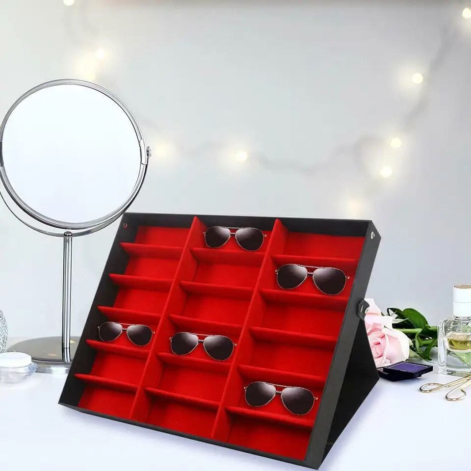 18 Grid Sunglasses Organizer, Eyeglasses Storage Display Box, Glasses Display Stand Storage Box Case Tray, Eye Wear Display Stand, Foldable Glasses Display Case, Glasses Jewelry Organizer