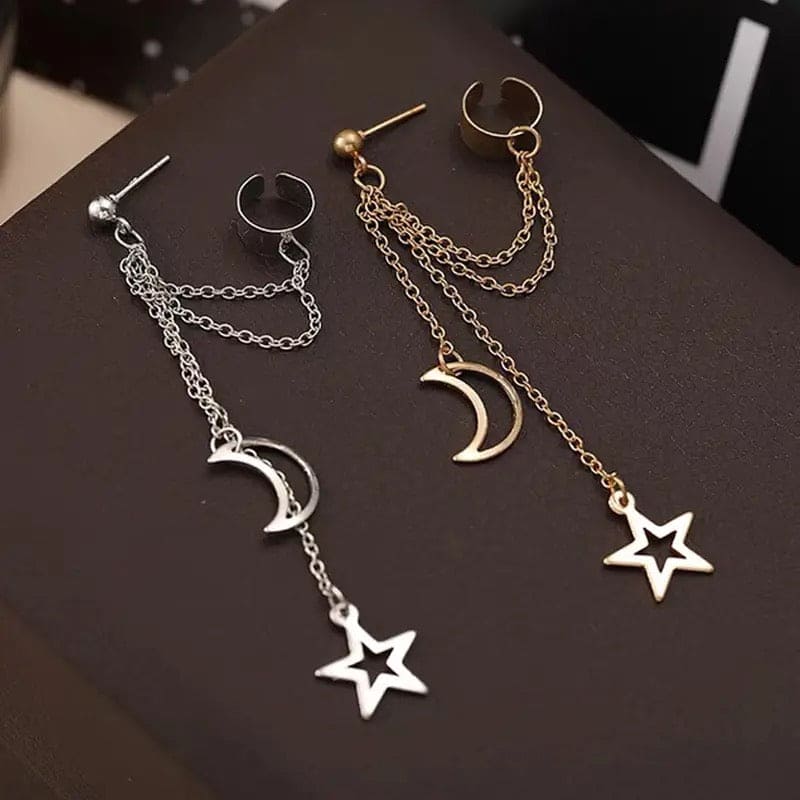 Star Moon Cuff Earring, Long Chain Earring for Women, Moon Stars Pendant, Stainless Steel Eardrop, Cartilage Long Tassel Ear Cuff, Bohemian Moon Star Clip Earrings for Women