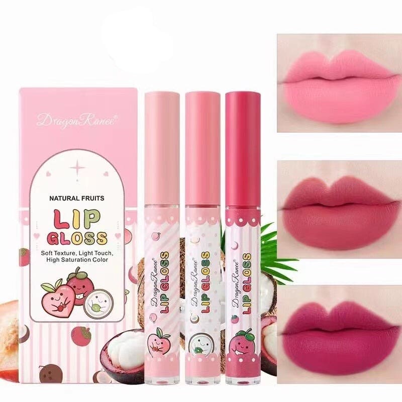 Set Of 3 Fruity Lip Gloss, Velvet Matte Lipstick, Natural Matte Lip Balm, Waterproof Moisturizing Lasting Beauty Makeup Lipstick, Long-Lasting Liquid Lipstick