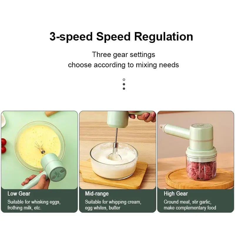 Mini Food Mixer, 3 In 1 Cordless Garlic Chopper, Electric Hand Mixer, Portable Manual Mixer, 3 Speed Adjustable Electric Egg Beater, Wireless Multifunction Hand Blender, USB Rechargeable Mini Food Chopper, Kitchen Blender For Baking Cooking