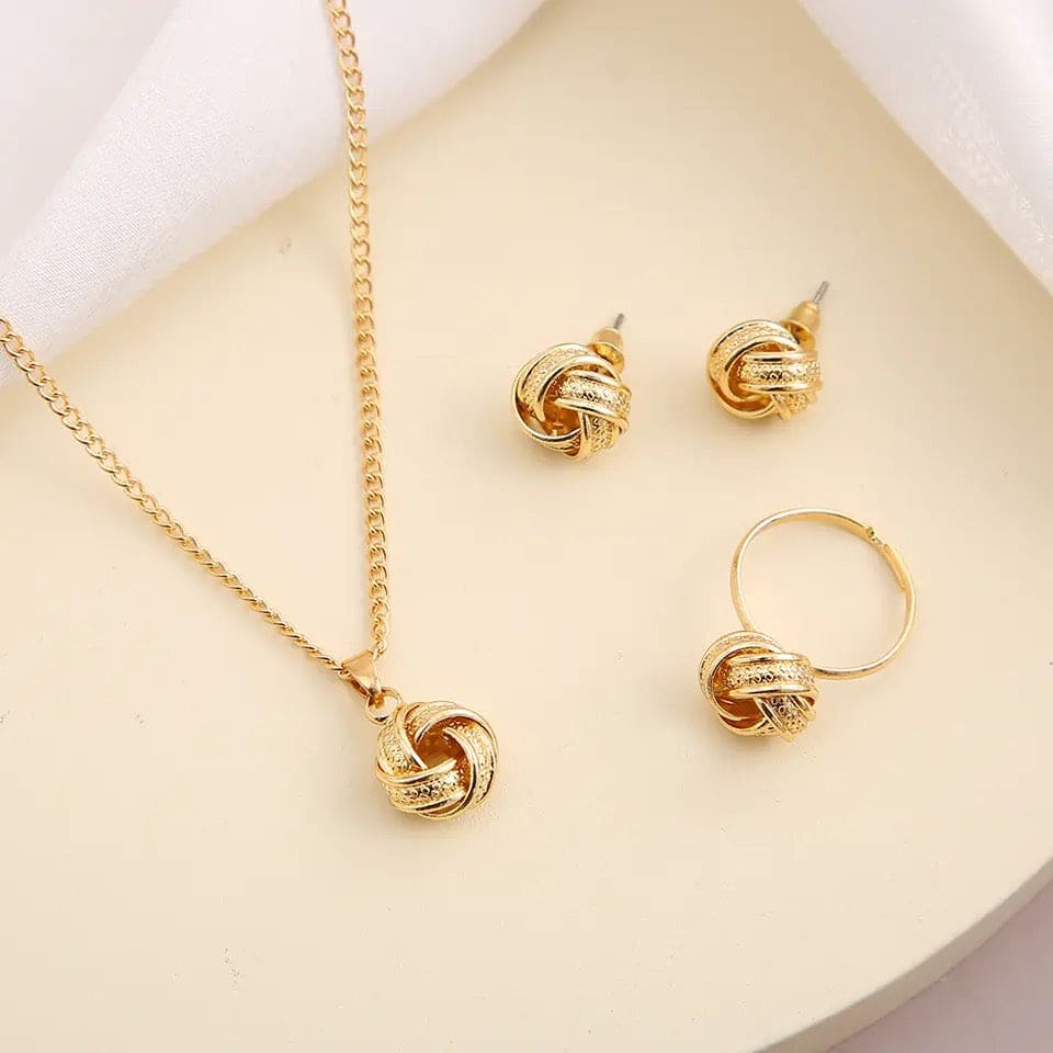 Gold Ball Shape Jewelry Sets, Twist Lucky Knot Earrings Necklace Ring Jewelry Set, Trendy Fashion Style Adjustable Chain Rings Necklace For Woman