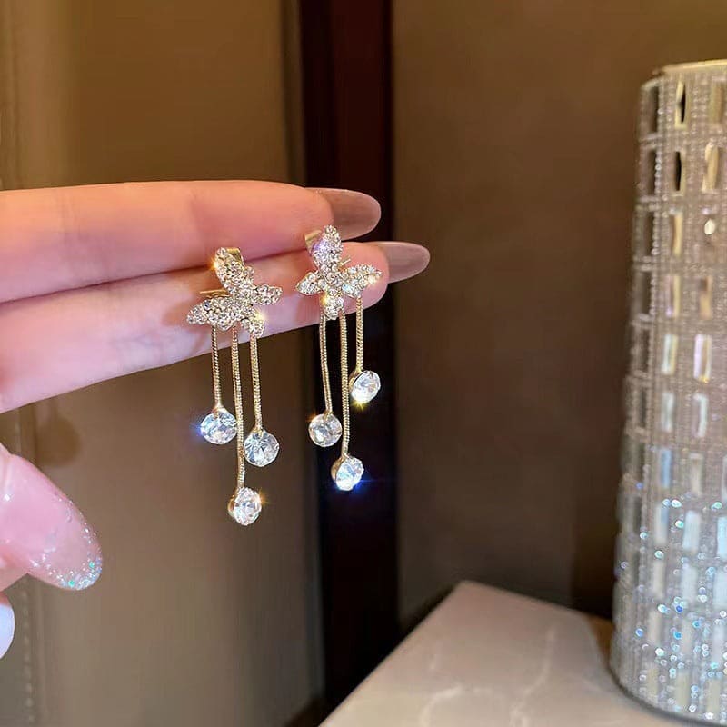 Butterfly Front Back Drop Earrings, Crystal Butterfly Tassel Earrings For Women, Luxury Fairy Rhinestone Drop Earrings, Shiny Long Tassel Earrings