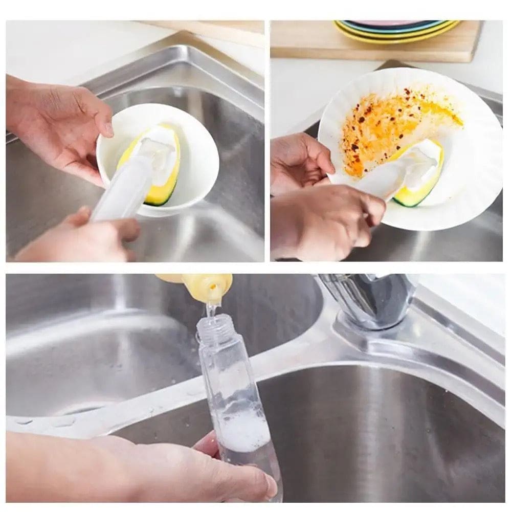 Replaceable Cleaning Brush, Kitchen Liquid Dispenser Dish Scrubber, 3 in1 Long Handle Cleaning Sponge, Removable Brush Head Sponge, Replacement Head Dishwashing Sponge, Heavy Duty Dish Wand for Kitchen, Sink, Bathroom