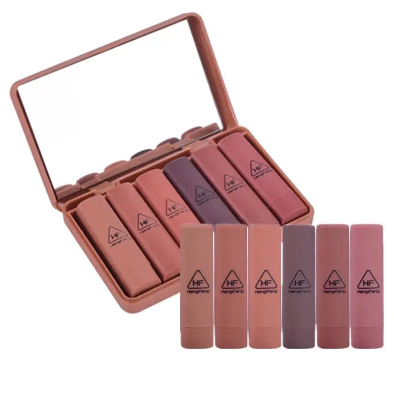 6 Pcs Pumpkins Color Matte Lipstick With Mirror, Heng Feng Color Lipstick, Mini Dry Lipstick Box, Long-lasting Lipstick Set