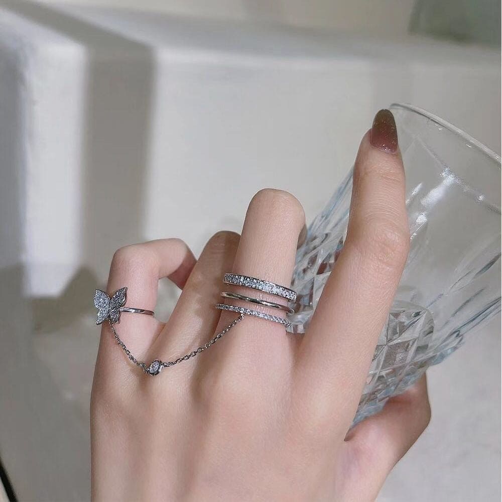 Double Finger Butterfly Chain Ring, Tassel Butterfly Cross Punk Ring Jewellery, Butterfly Cross Punk Ring, Elegant Tassel Butterfly Chain Ring