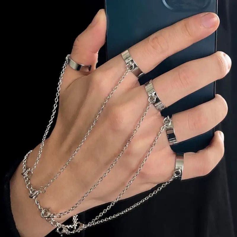 Hip Hop 5 Ring Chain Bracelet, Steel Finger Ring Chain Bracelet, Multilayer Chain Geometric Ring Bracelet Jewellery, Cool Statement Stackable Rings Chain Bracelets