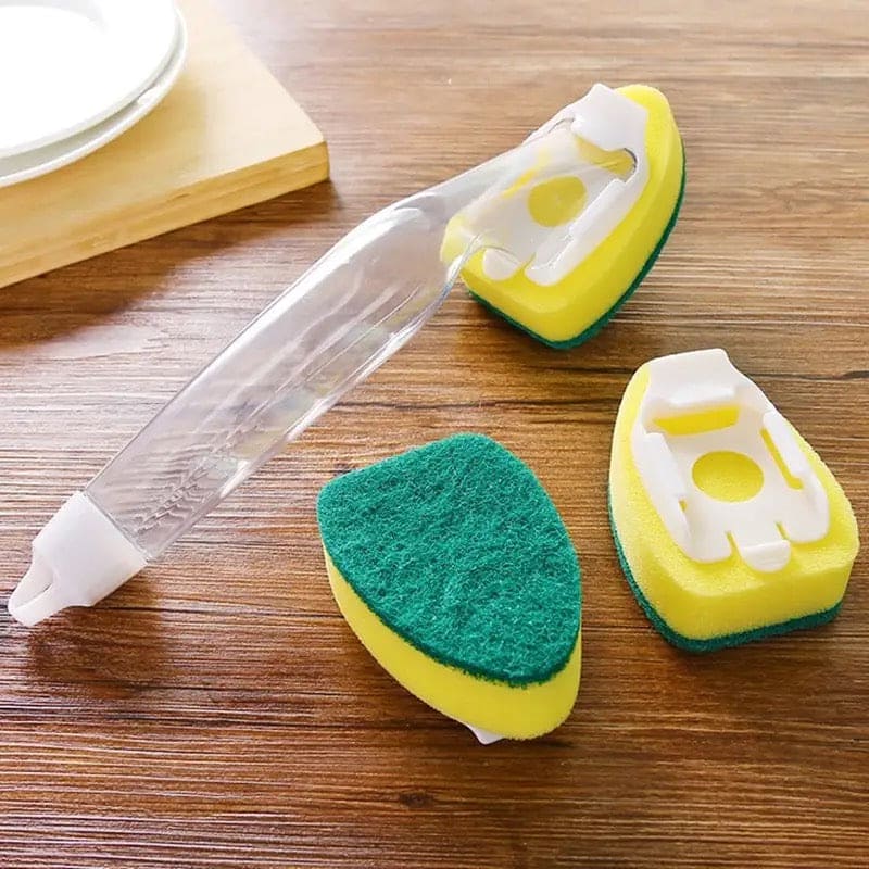 Replaceable Cleaning Brush, Kitchen Liquid Dispenser Dish Scrubber, 3 in1 Long Handle Cleaning Sponge, Removable Brush Head Sponge, Replacement Head Dishwashing Sponge, Heavy Duty Dish Wand for Kitchen, Sink, Bathroom