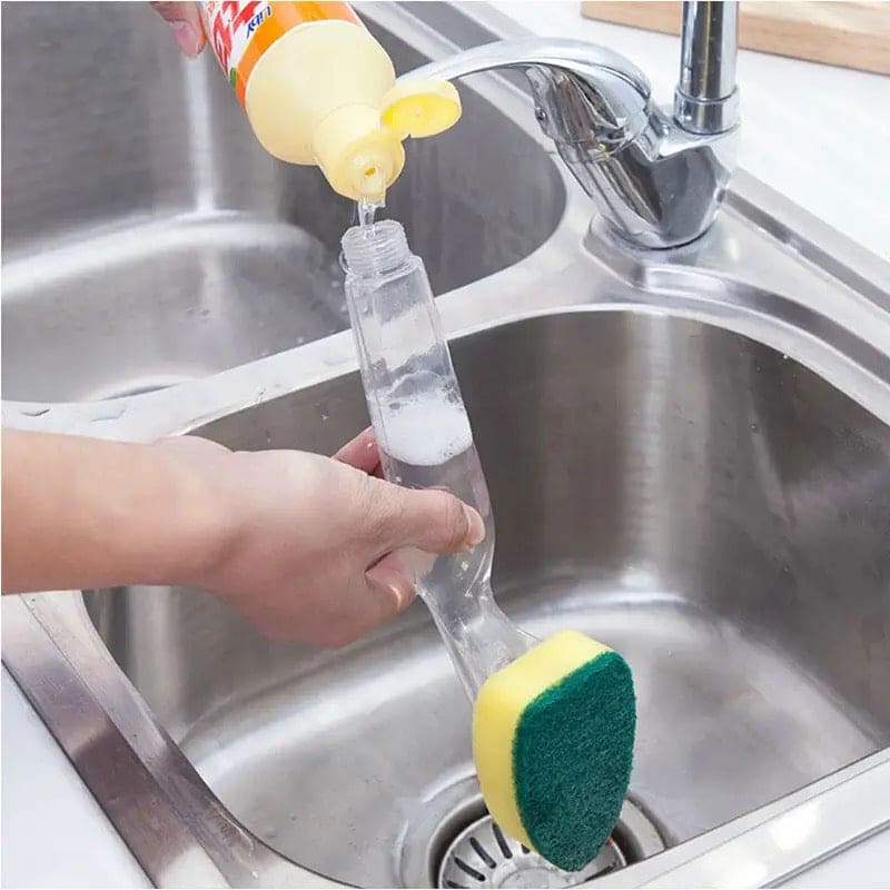 Replaceable Cleaning Brush, Kitchen Liquid Dispenser Dish Scrubber, 3 in1 Long Handle Cleaning Sponge, Removable Brush Head Sponge, Replacement Head Dishwashing Sponge, Heavy Duty Dish Wand for Kitchen, Sink, Bathroom