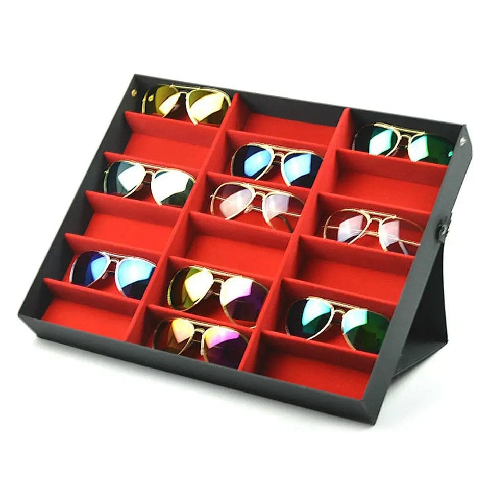 18 Grid Sunglasses Organizer, Eyeglasses Storage Display Box, Glasses Display Stand Storage Box Case Tray, Eye Wear Display Stand, Foldable Glasses Display Case, Glasses Jewelry Organizer