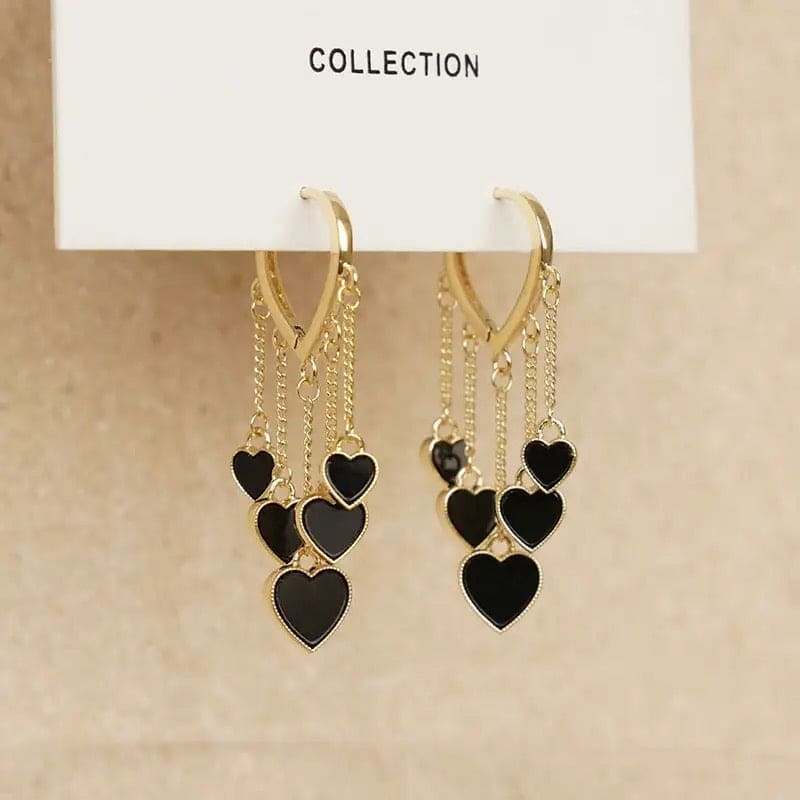 Black Crystal Love Heart Earrings, Black Peach Heart Drop Pendant Tassel Earrings, Shiny Black Love Heart Tassel Drop Earrings