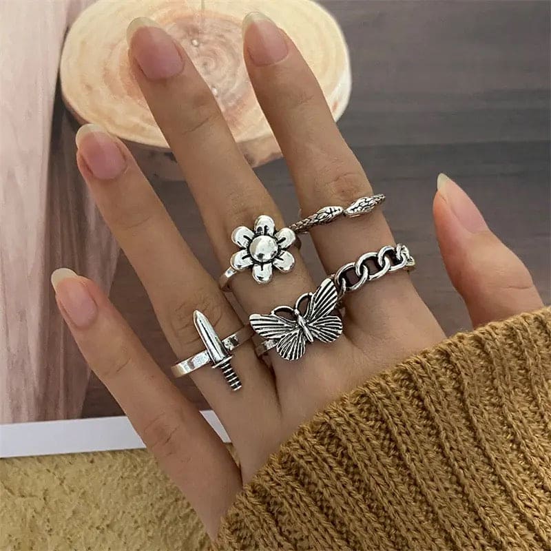 Punk Butterfly Finger Ring Set, Multi Element Ring, Vintage Goth Punk Knuckle Rings Set for Women, Midi Rings For Women Fashion Rings