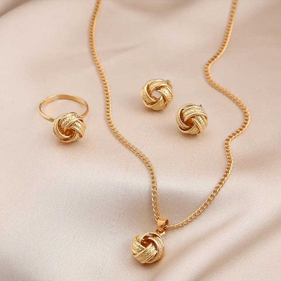 Gold Ball Shape Jewelry Sets, Twist Lucky Knot Earrings Necklace Ring Jewelry Set, Trendy Fashion Style Adjustable Chain Rings Necklace For Woman