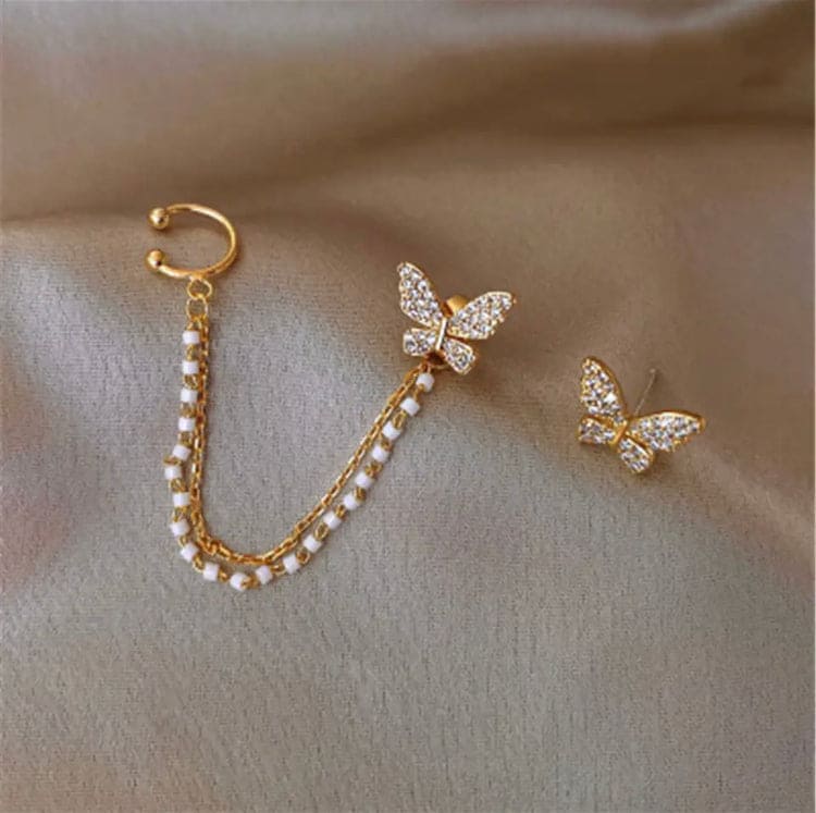 Butterfly Earbone Clip Earrings, Women Earclip Chain Tassel Earrings, Butterfly Ear Clips, Crystal Tassel Non-Piercing Cuff Ear Clip Earring For Women