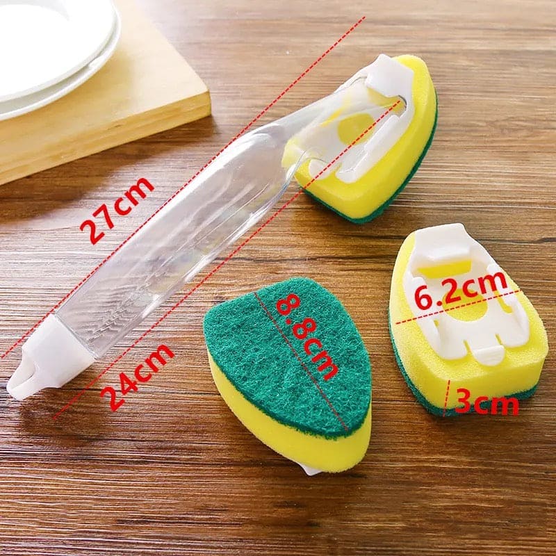 Replaceable Cleaning Brush, Kitchen Liquid Dispenser Dish Scrubber, 3 in1 Long Handle Cleaning Sponge, Removable Brush Head Sponge, Replacement Head Dishwashing Sponge, Heavy Duty Dish Wand for Kitchen, Sink, Bathroom