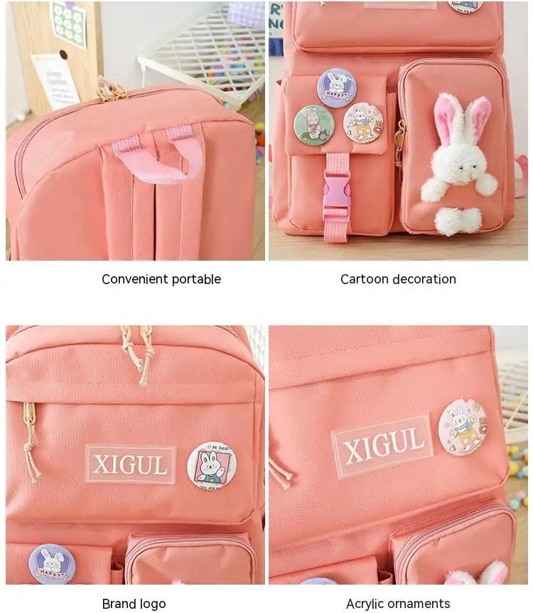 Set Of 4 Bunny Bag, Multifunctional School Bag For Girls, Large Capacity Outdoor Travel Backpack, Waterproof Outdoor Travel Bag, Canvas Laptop School Bag Sets for Kids with Tote Pencil Case, Lunch Box Bag, Back To School Supplies Canvas Bag
