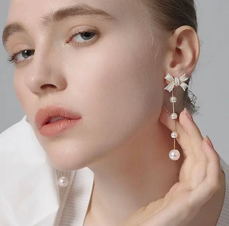 Bow Pearl Tassel Long Earrings, Elegant Sweet Bowknot Earrings, Pearl Drop Earrings For Women, Luxury Long Simulation Pearl Earrings For Women