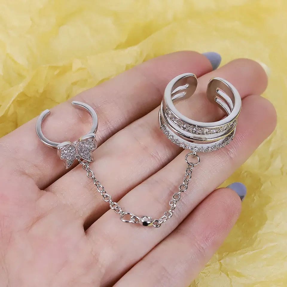 Double Finger Butterfly Chain Ring, Tassel Butterfly Cross Punk Ring Jewellery, Butterfly Cross Punk Ring, Elegant Tassel Butterfly Chain Ring