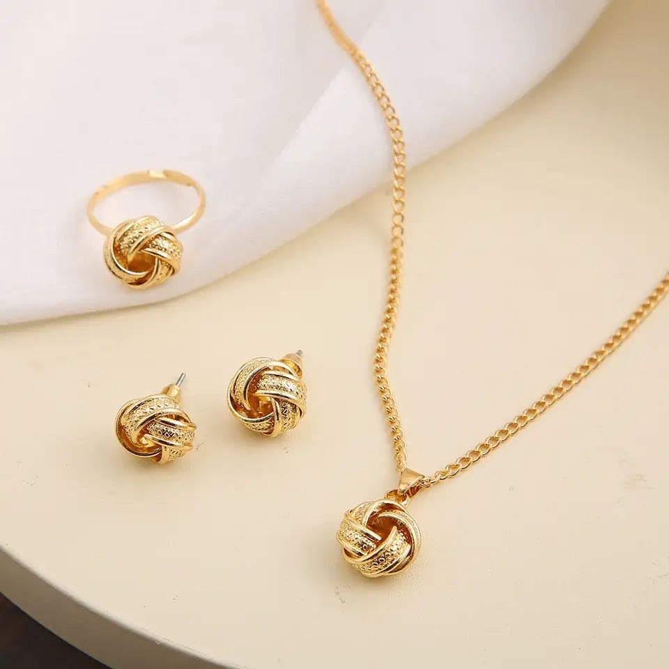 Gold Ball Shape Jewelry Sets, Twist Lucky Knot Earrings Necklace Ring Jewelry Set, Trendy Fashion Style Adjustable Chain Rings Necklace For Woman