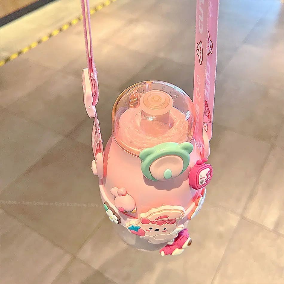 Animated Water Bottle, Summer Water Bottle For Kids, Cute Plastic Kid Water Cup, Water Bottle with Shoulder Strap, Cute Insulated Water Bottles, Portable Kid Drink Mug, Plastic Outdoor School Drink Water Cup, Cute Water Bottles with 3D Stickers