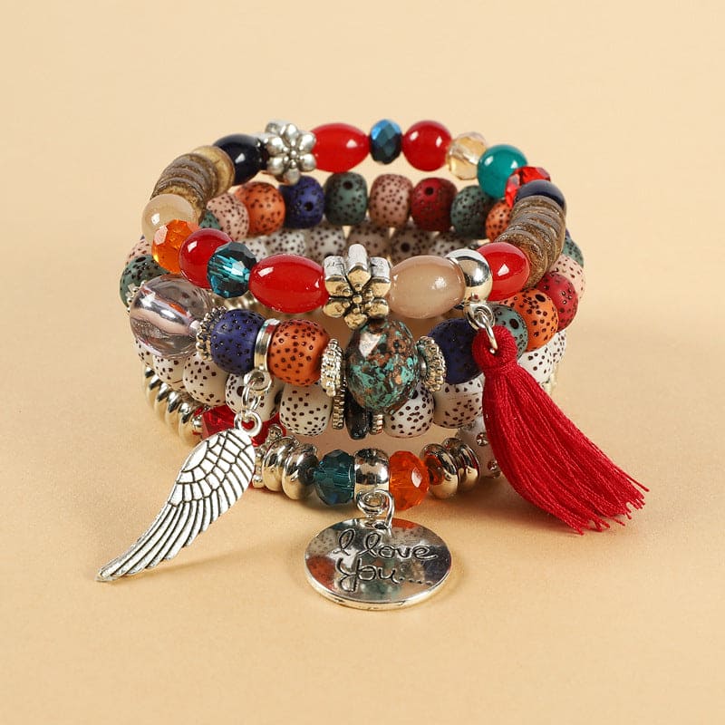 Multicolor Charm Beads Wrap Bracelets, Creative Turquoise Beads Bracelet, Alloy Pendant Beads Bohemian Bracelets, Lava Stone Wristband, Multilayer Stacking Bracelet