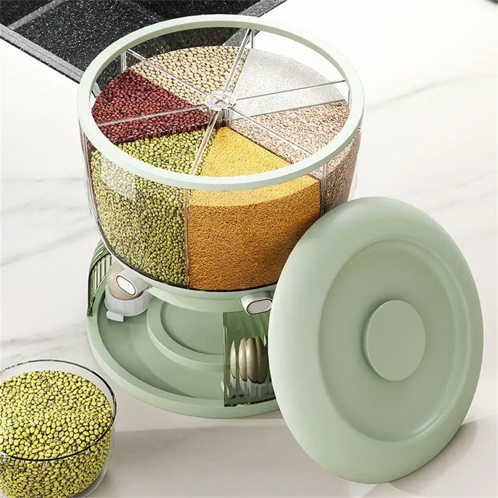 Cereal Divider Bucket, Multipurpose Rotating Kitchen Storage Box, 6 Grid 360° Rotating Grain Rice Dispenser,  Sealed Cereal Dispenser Rice Tank, Dry Food Rotating 6 Storage Container With Egg Groove Shelf, Multi Grid Food Storage Container For Kitchen