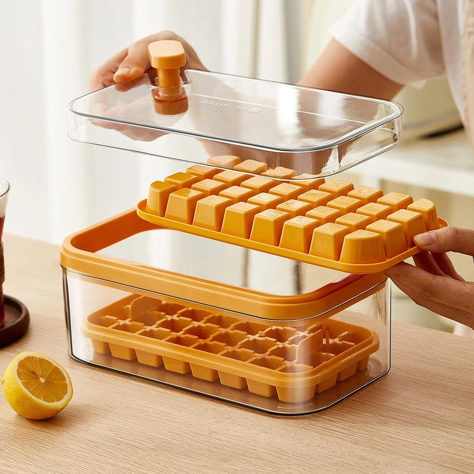 Button Press Ice Cube Tray, 64 Grids One Button Press Ice Cube Tray With Storage Box, 2 Layers Ice Cube Molds Ice Box, New Ice Cube Tray With Lid and Bin, Stackable Easy Release Ice Trays for Beverages