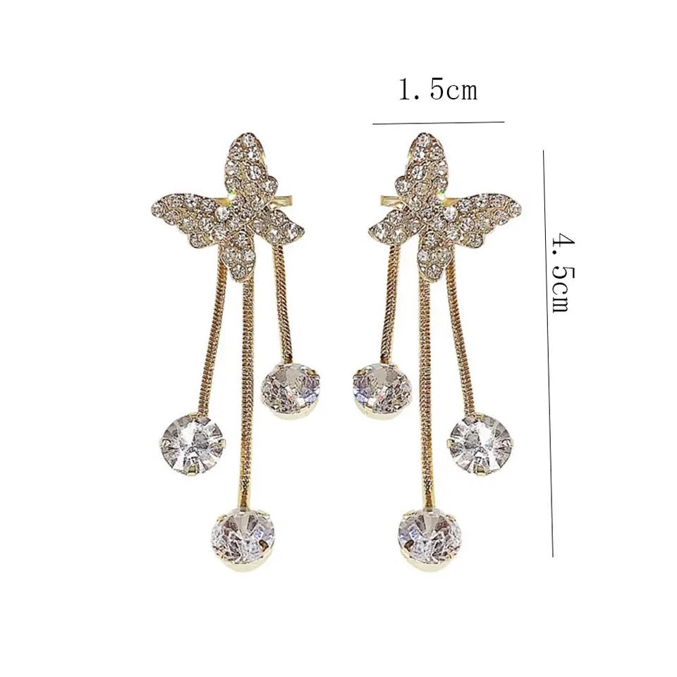 Butterfly Front Back Drop Earrings, Crystal Butterfly Tassel Earrings For Women, Luxury Fairy Rhinestone Drop Earrings, Shiny Long Tassel Earrings