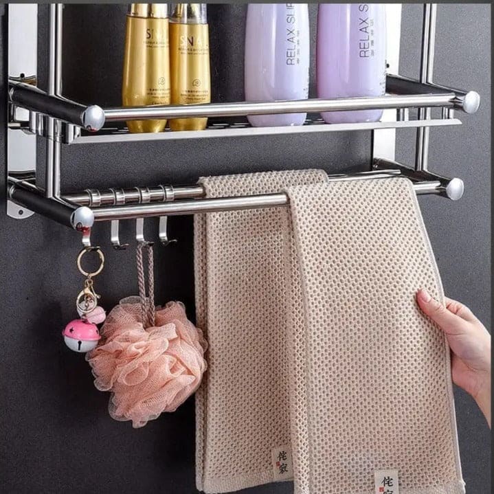 Stainless Steel Silver Towel Rack, 3 Tier Wall Mounted Steel Rack Wall Mounted Towel Rack, Movable Stainless Steel Polished Bathroom Storage Organizer, Shampoo Holder Basket, Double Layer Bathroom Toilet Towel Rack, Wall Hanging Shelf For Kitchen Bathroom