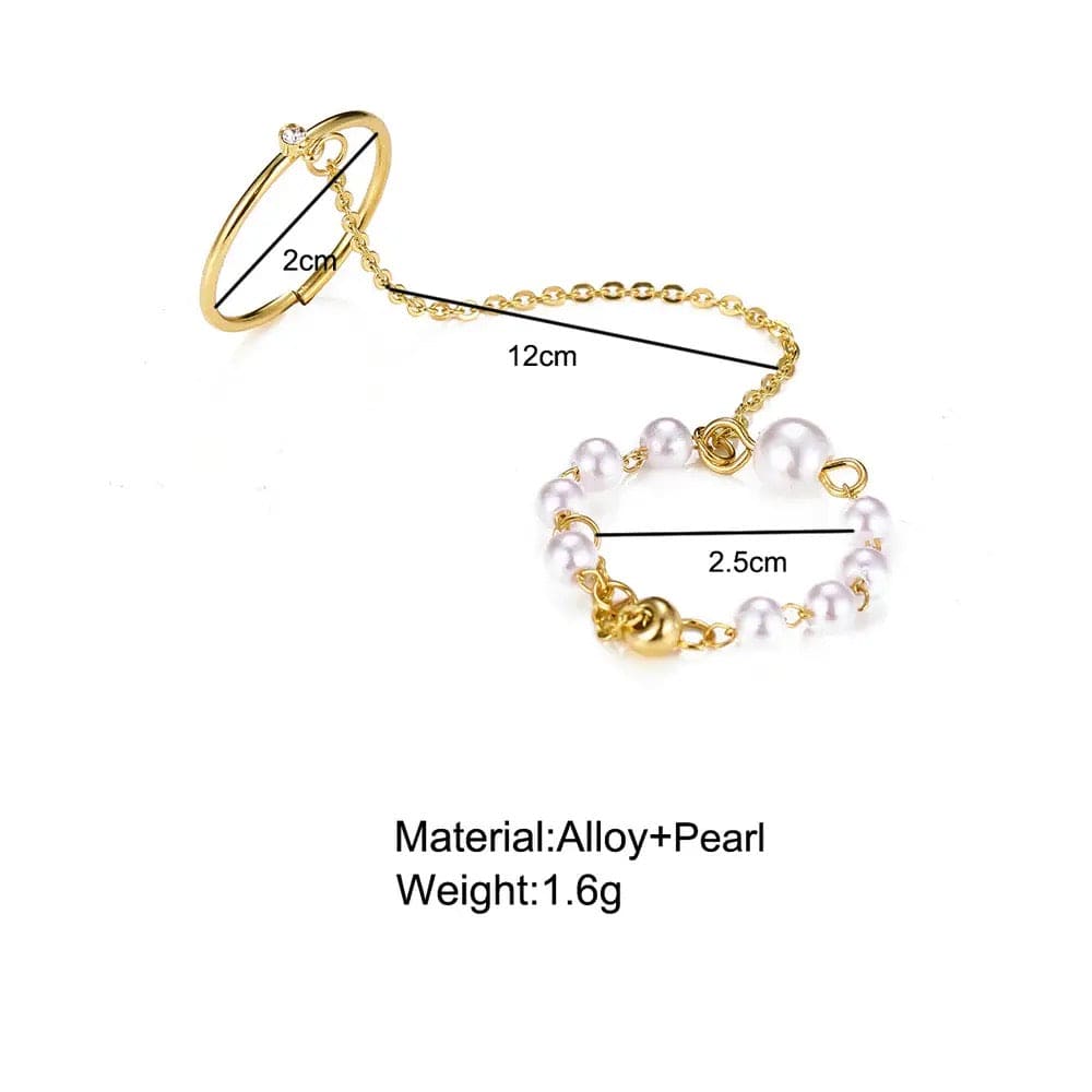 Long Chain Double Circle Rings, Retro Pearl Ring for Women, Hand Chain Faux Pearl Rhinestone Ring, Charm Pearl Beaded Ring, Alloy Simple Ring, Creative Opening Two-piece Pearl Rings