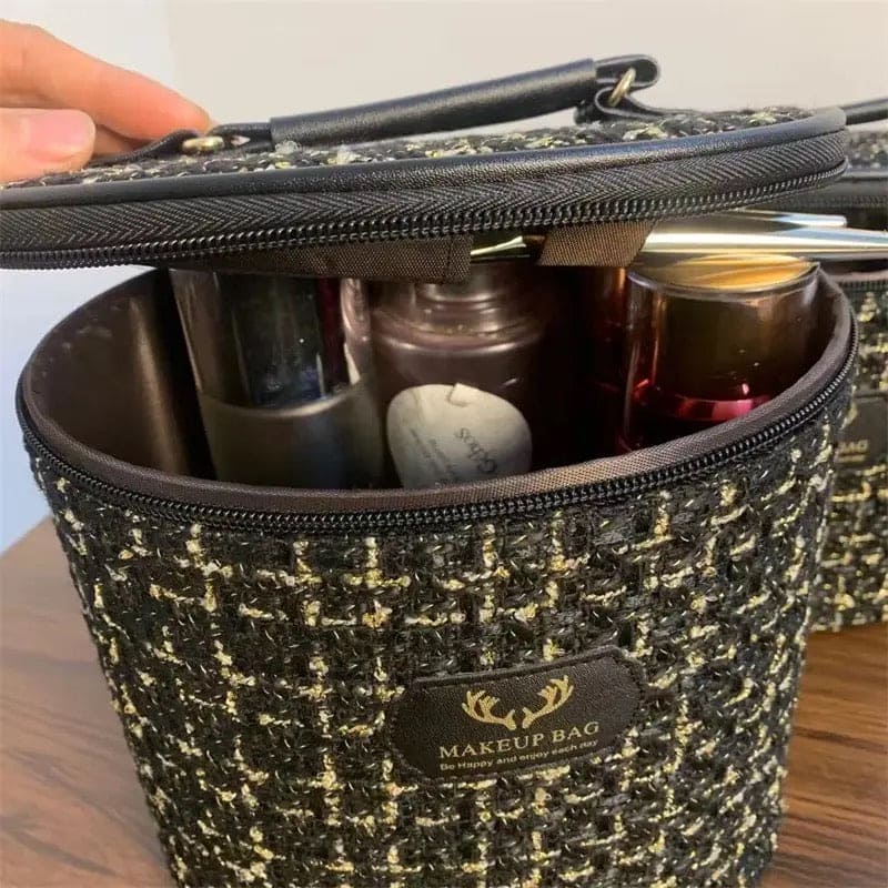 Fashion Tweed Cosmetic Bag, Women Travel Organizer Makeup Toilet Pouch, Multifunction Beauty Storage Portable Box, Cylinder Solid Cosmetic Bag, Cosmetic Cases Zipper Wash Beauty Pouch