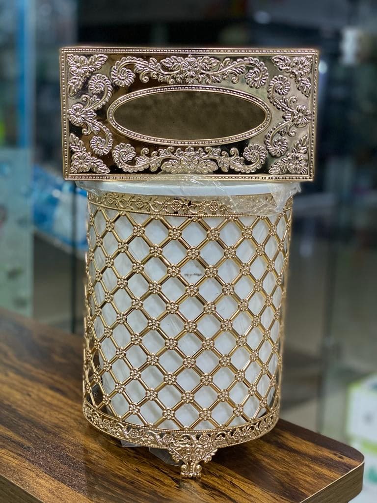 Fancy Waste Bin And Tissue Box Set, Luxury Garbage Bin With Tissue Box, Decorative Crystal Dustbin And Tissue Box