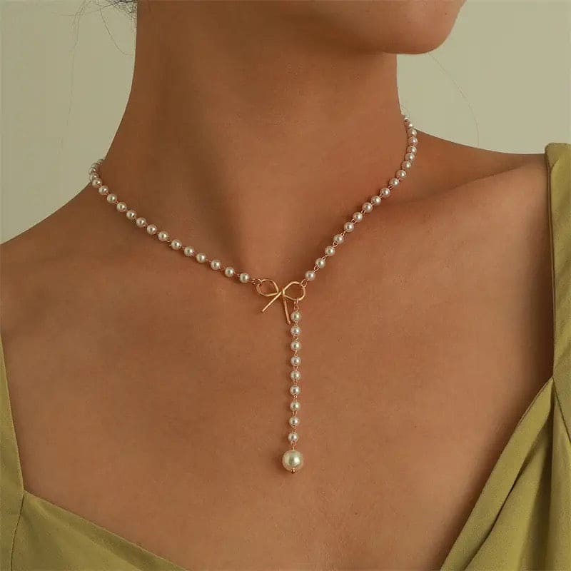 Bowknot White Pearl Pendant, Simple Bow Pearl Necklace, Elegant Women Choker Necklace