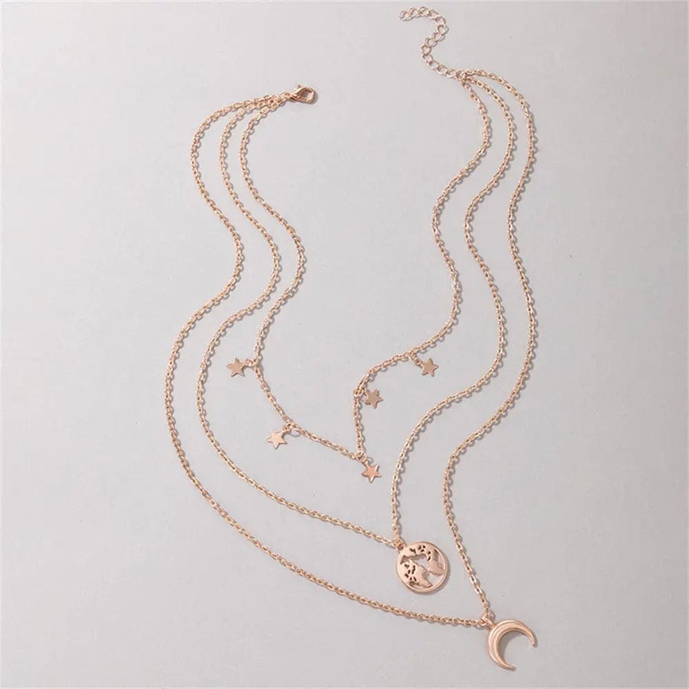 Moon Star Multilayer Necklace, Double Layer Star Moon Charm Necklace, New Alloy World Map Long Necklace, Fashion Charm Necklace, Delicate Clavicle Chain Necklace