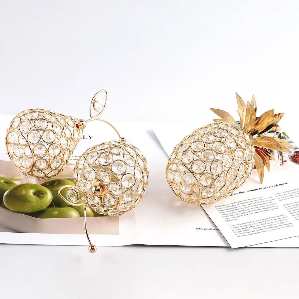 Metal Crystal Craft Fruit Ornament, Apple Pear Pineapple Living Room Decoration, Creative Luxury Home Decoration, Metal Hollow Decoration, Home Furnishings Ornaments, Crystal Desktop Ornament