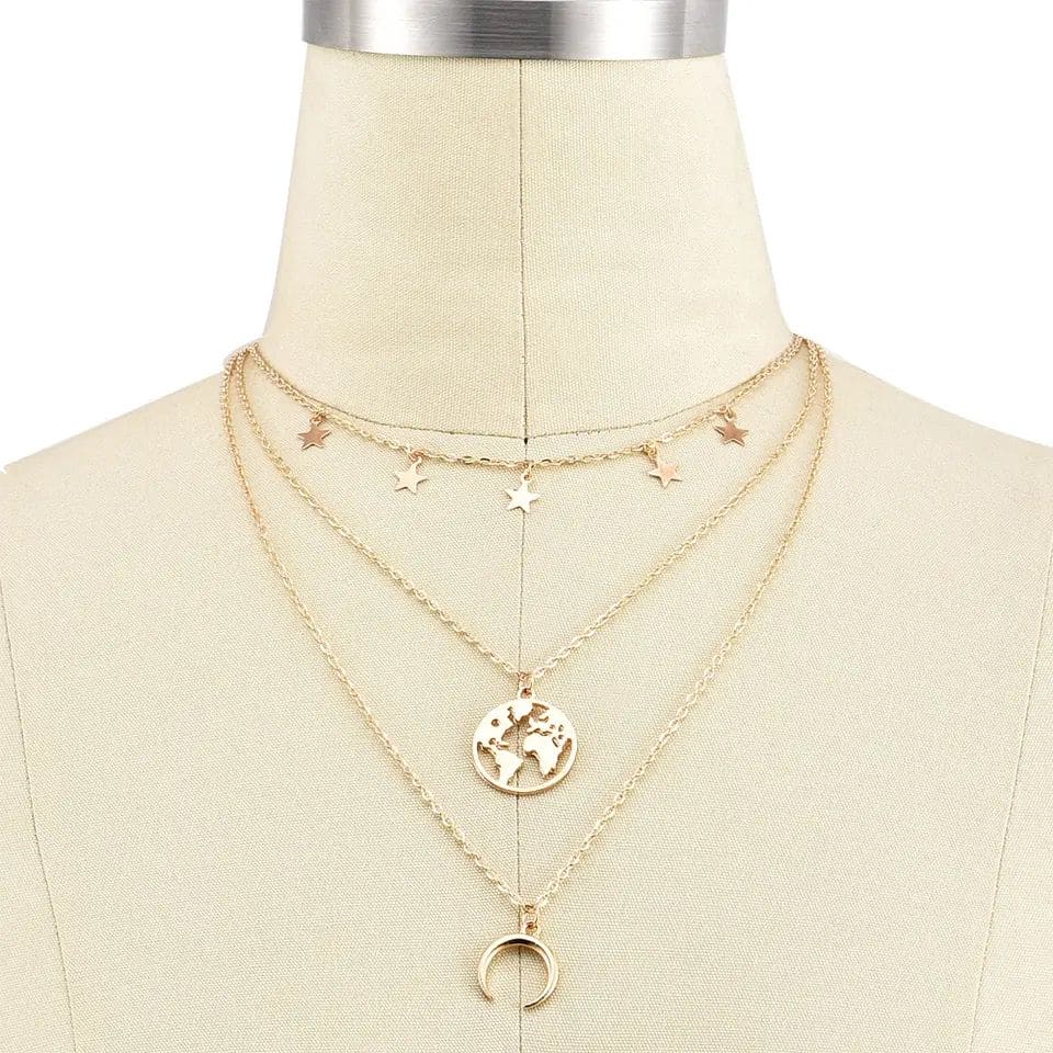 Moon Star Multilayer Necklace, Double Layer Star Moon Charm Necklace, New Alloy World Map Long Necklace, Fashion Charm Necklace, Delicate Clavicle Chain Necklace