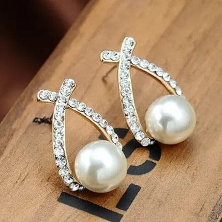 Shiny Crystal Pearl Stud Earrings, Capped Pearl Drop Earrings, Crystal Cross Pearl Earrings, Luxury Pearl Stud Earrings For Women, Crystal Imitation Pearl Stud Earrings