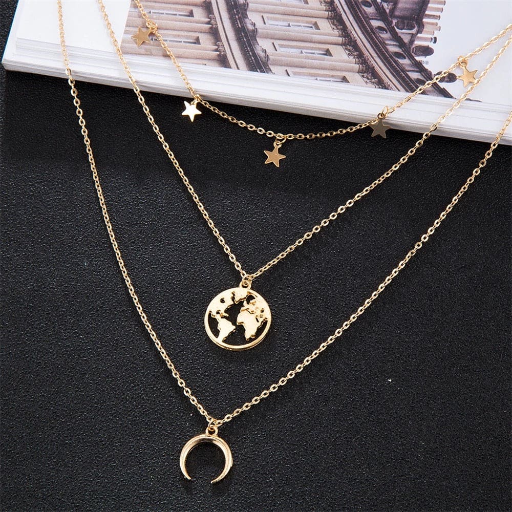 Moon Star Multilayer Necklace, Double Layer Star Moon Charm Necklace, New Alloy World Map Long Necklace, Fashion Charm Necklace, Delicate Clavicle Chain Necklace