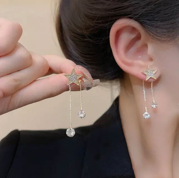 Star Crystal Earrings, Elegant Luxury Zircon Tassel Earrings, Luxury Crystal Star Earrings, Long Star Drop Earrings For Women