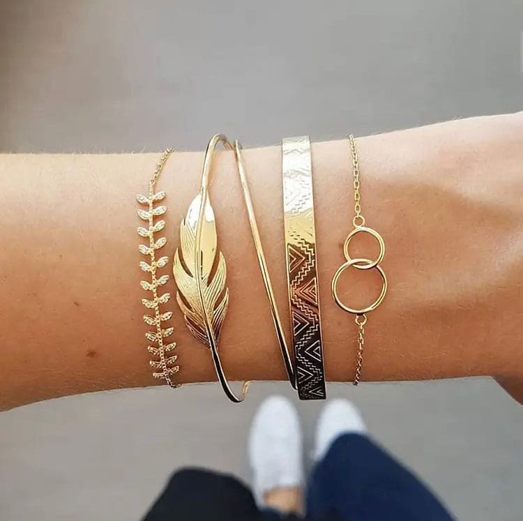 5 Pcs Gold Leaf Bracelet, Twist Chain Bracelet for Women, Multilayer Gold Color Bracelet, Adjustable Open Bracelet