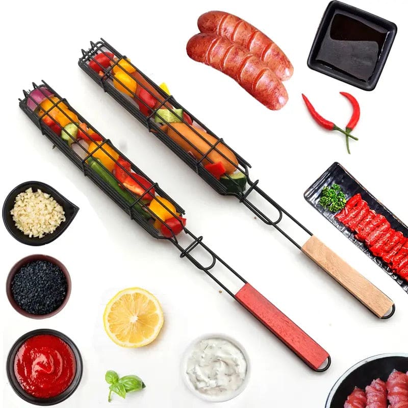 Portable BBQ Grilling Basket, Stainless Steel Nonstick Barbecue Grill Basket, Wooden Handle Barbecue Grill Basket, Barbecue Grill Mesh Rack, Coating Clamp Holder, Barbecue Picnic Camping Tools, Reusable Anti Corrosion Wooden Handle Barbecue Tool