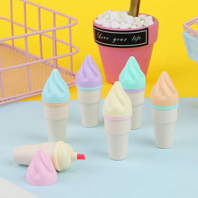 Set Of 6 Mini Ice Cream Highlighter, Portable Mini Sweet Cute Cone Shape Highlighters, Marker Pens With Chisel Tip, Fluorescent Coloring Pens for Student Office School Home