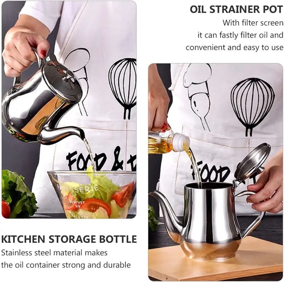 Stainless Steel Kettle Oil Filter Pot, Oil Skimmer Jug, Oil Filter Kettle, Portable Oil Strainer Pot, Cooking Oil Tank With Filter, Oil Dispenser Pot With Removable Filter, Storage Can For Kitchen