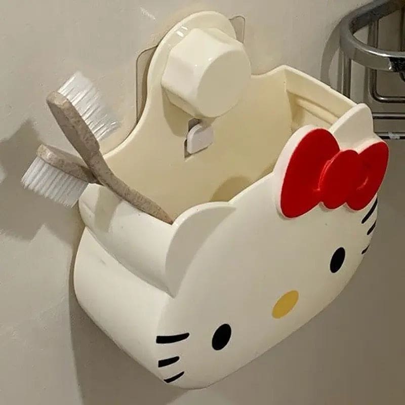 Creative Cartoon Hello Kitty Multifunctional Toothbrush Holder, Wall Mounted Bathroom Storage Rack, Wall Mount Toothbrush Holder for Bathroom