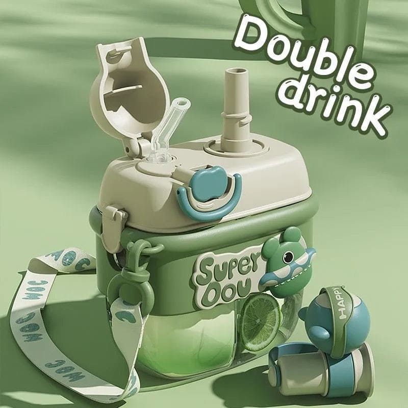 Super Dou Kids Water Bottle, Double Drinking Cup, Large Capacity Student Water Bottle, Dual Compartment Straw Cup Bottle, Double Plastic Sports Cute Water Bottle, Portable Children's Sippy Cup, Students Summer High Appearance Level Plastic Cup