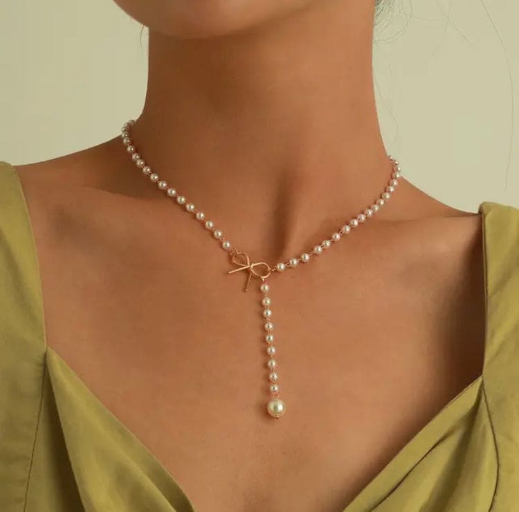Bowknot White Pearl Pendant, Simple Bow Pearl Necklace, Elegant Women Choker Necklace