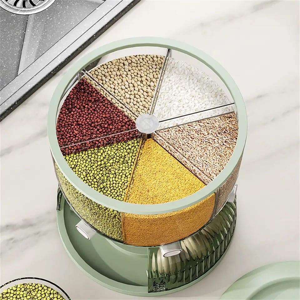 Cereal Divider Bucket, Multipurpose Rotating Kitchen Storage Box, 6 Grid 360° Rotating Grain Rice Dispenser,  Sealed Cereal Dispenser Rice Tank, Dry Food Rotating 6 Storage Container With Egg Groove Shelf, Multi Grid Food Storage Container For Kitchen