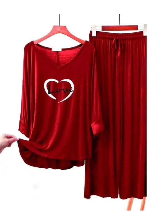 Love Heart Women Trouser Night Suit, Cotton V Neck Pajamas Waist Wide Leg Trousers, Homeware Soft Leisure Loose Bat Sleeve Sleepwear