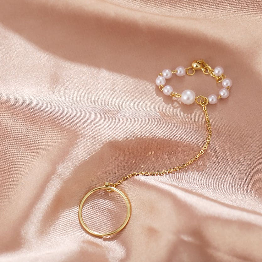 Long Chain Double Circle Rings, Retro Pearl Ring for Women, Hand Chain Faux Pearl Rhinestone Ring, Charm Pearl Beaded Ring, Alloy Simple Ring, Creative Opening Two-piece Pearl Rings
