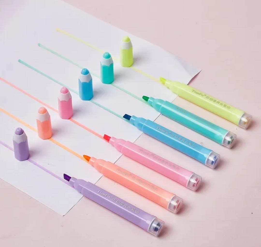 Set Of 6 Pencil Shape Highlighter, Cute Design Stamp Highlighter Pens, Fluorescent Coloring Pens for Student Office School Home